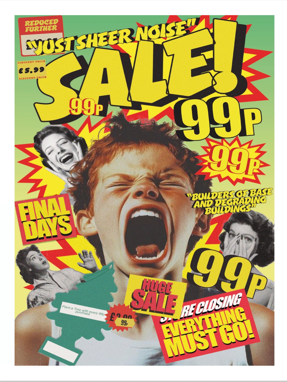 Just Sheer Noise — cover page with sale graphics and screaming child